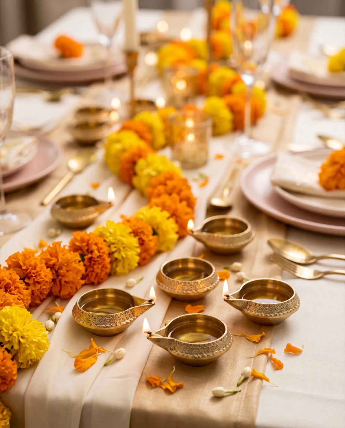 Brass Diwali Diyas styled at an event