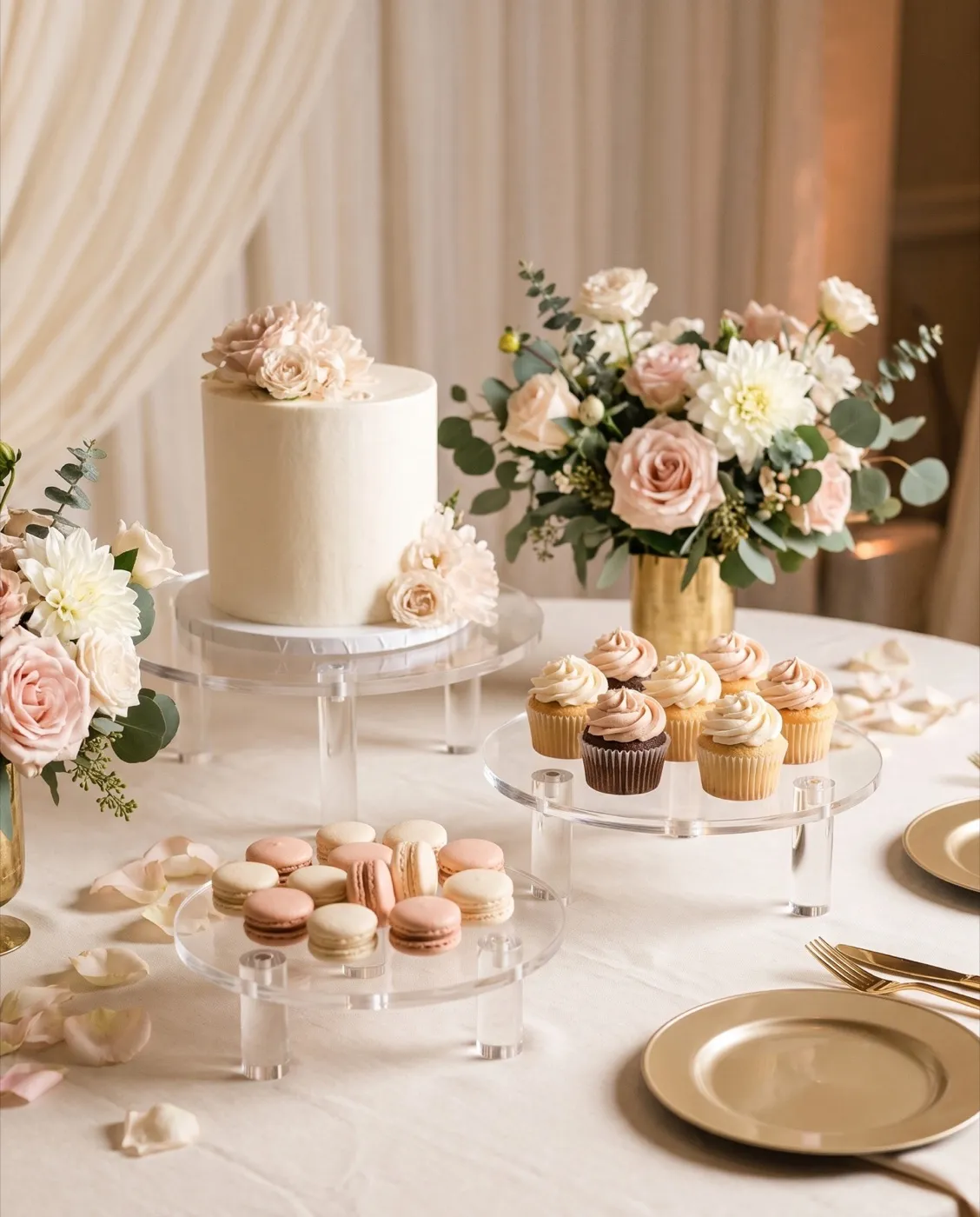 Clear Acrylic Pedestal Risers styled at an event