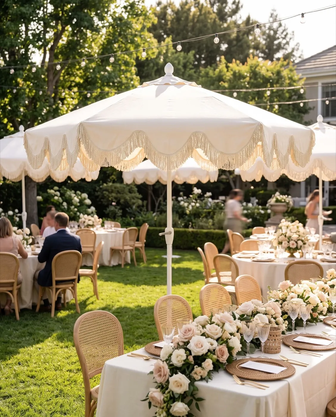 Cottage Tassel Market Umbrella styled at an event
