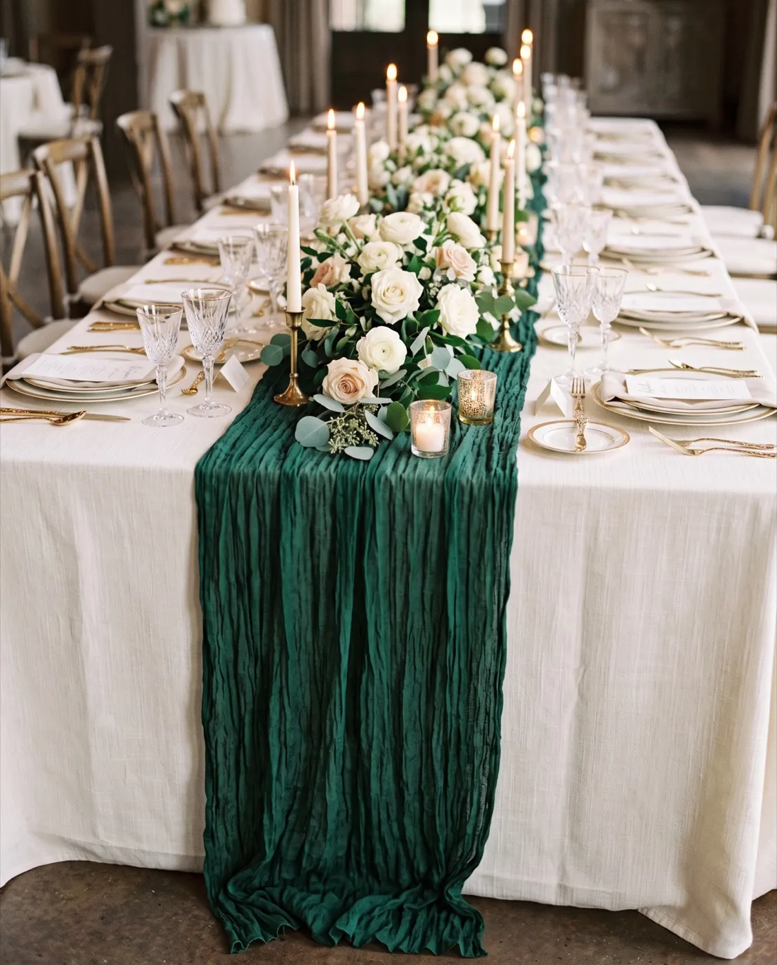 Emerald Cheesecloth Runner styled at an event