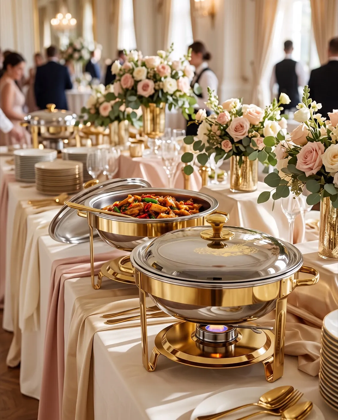 Gold & Silver Round Chafing Set styled at an event