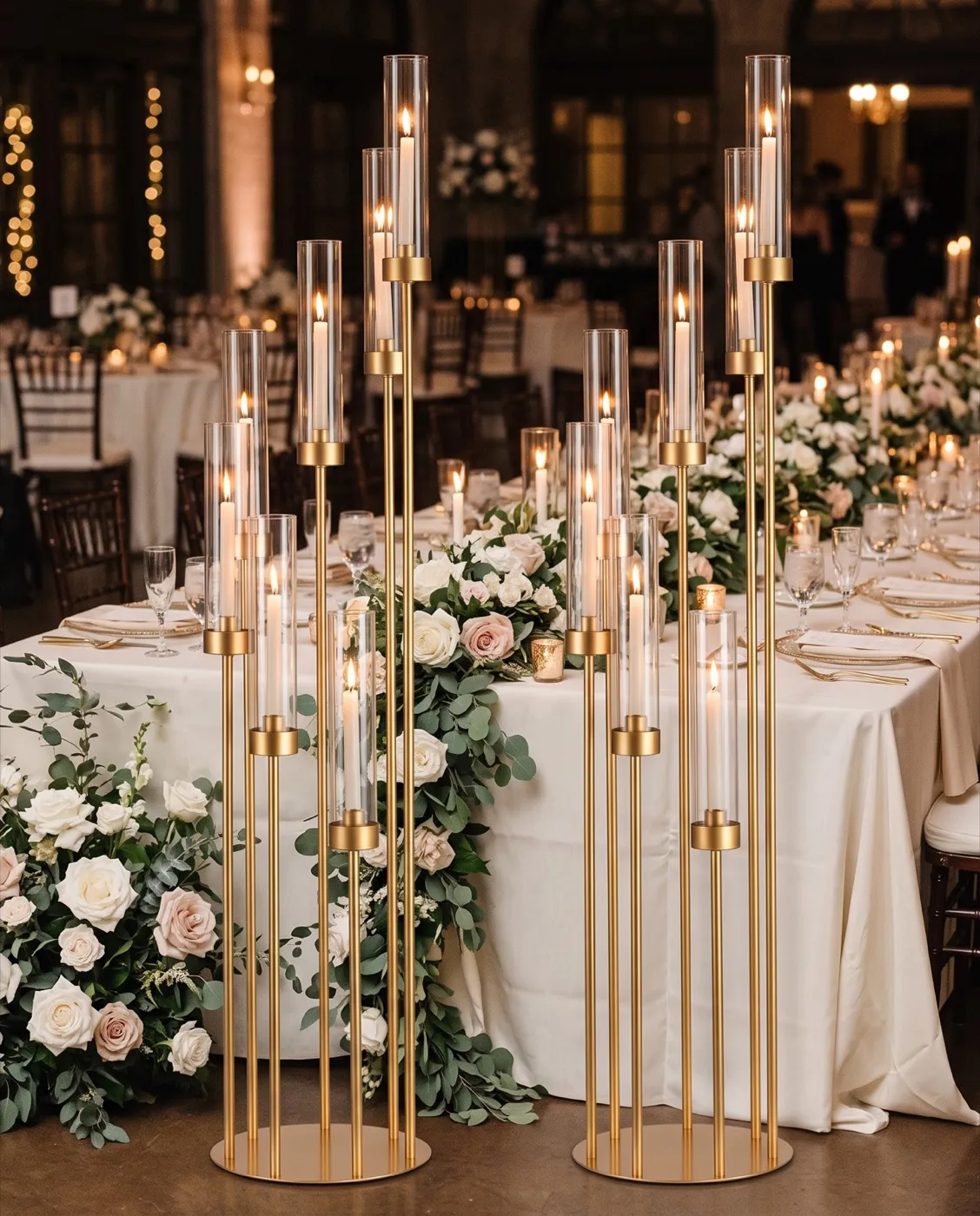 Gold Floor Candelabra styled at an event
