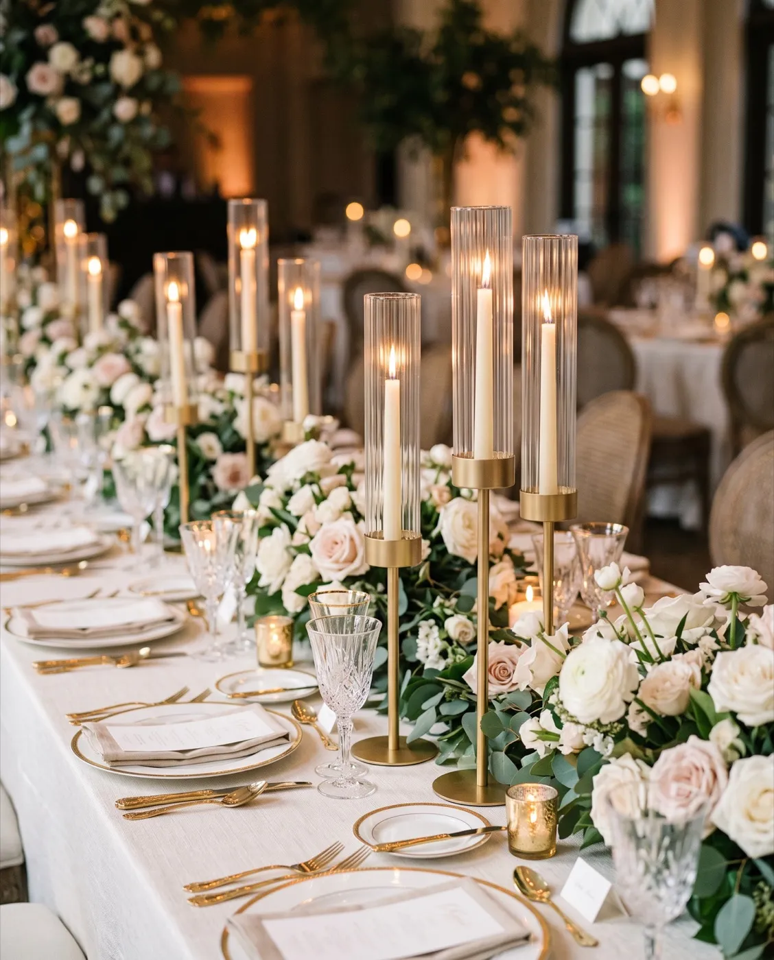 Gold Hurricane Candle Holders styled at an event