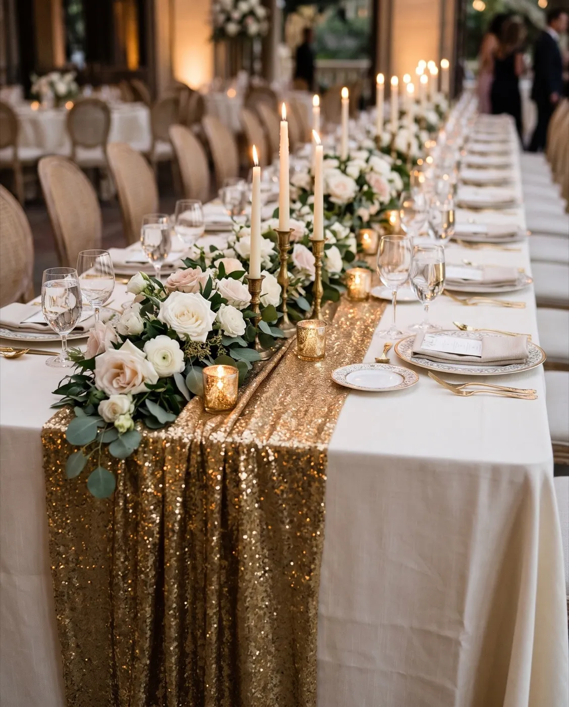 Gold Sequin Table Runner styled at an event