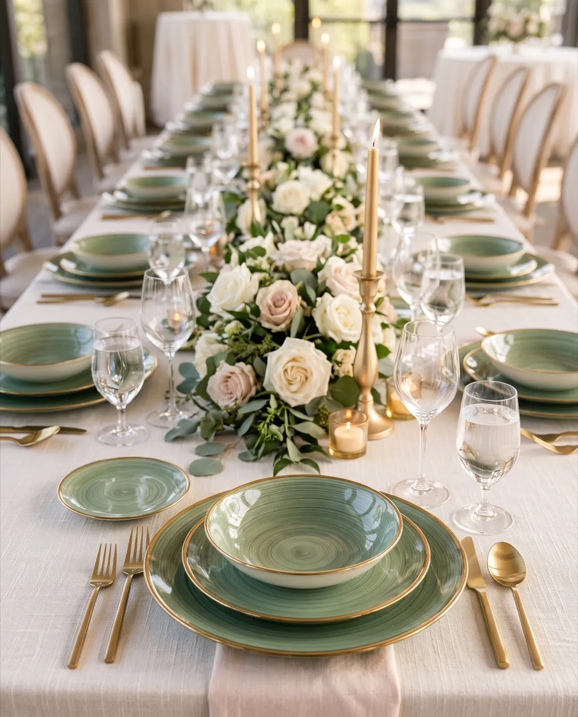 Green & Gold Plate Set styled at an event