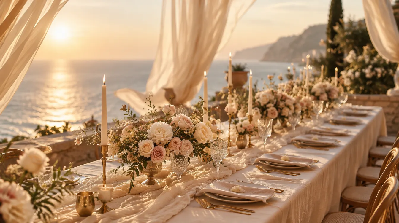 Golden-hour banquet table styled with ivory linens, candles and roses