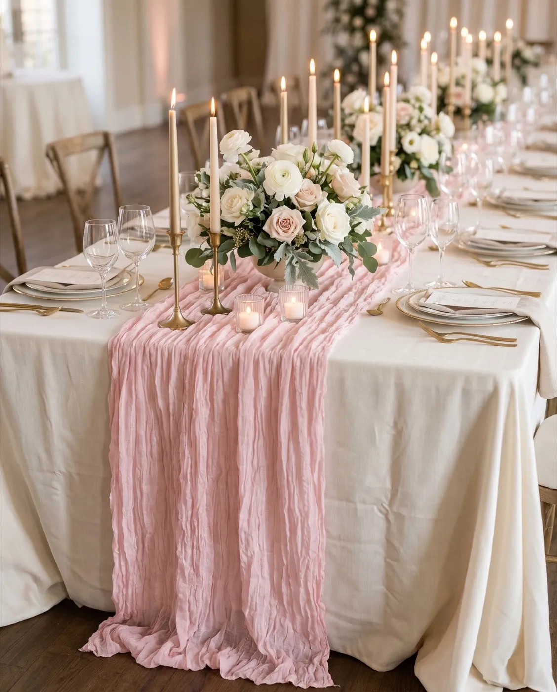 Light Pink Cheesecloth Runner styled at an event
