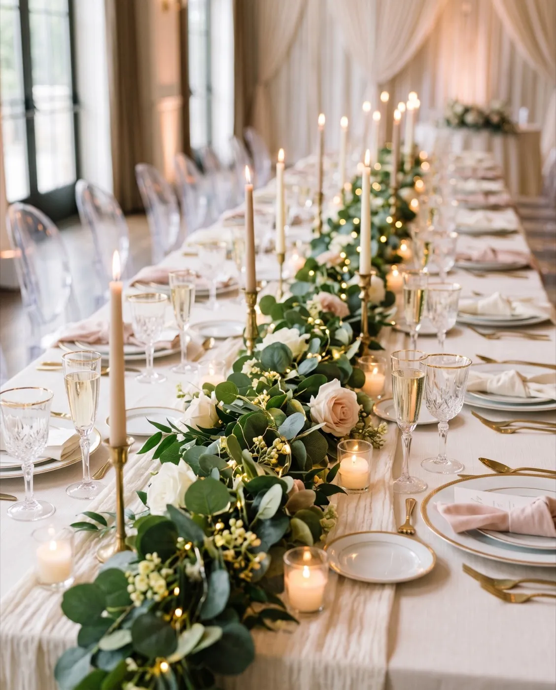 Lighted Eucalyptus Garland styled at an event