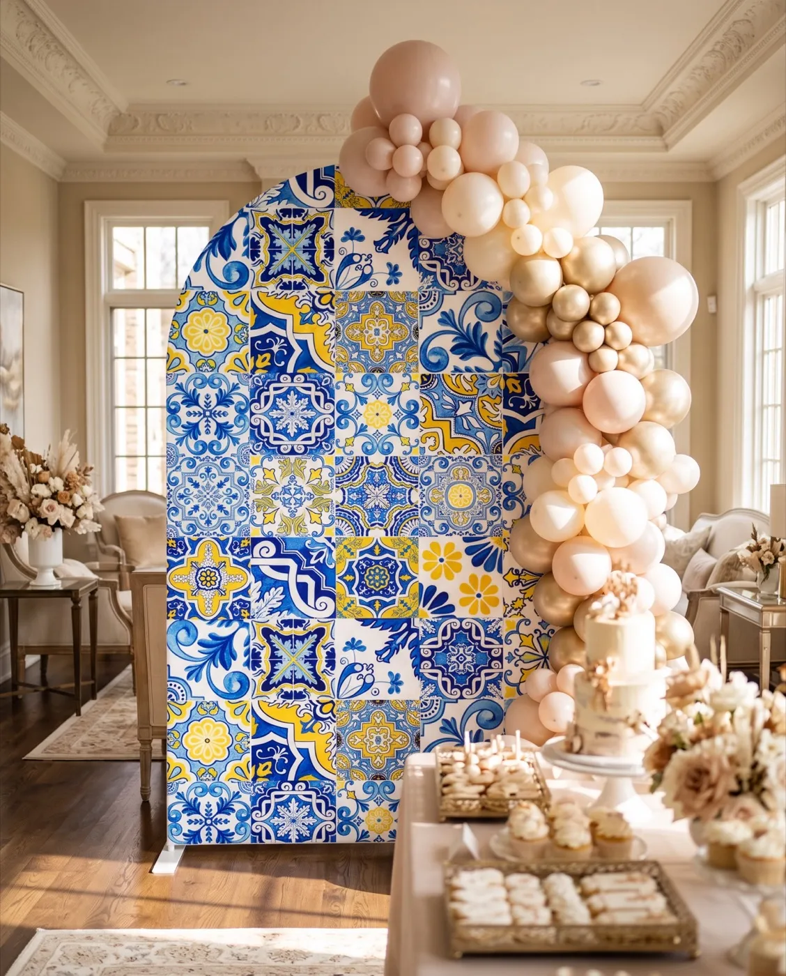 Patchwork Tile Arch Backdrop styled at an event