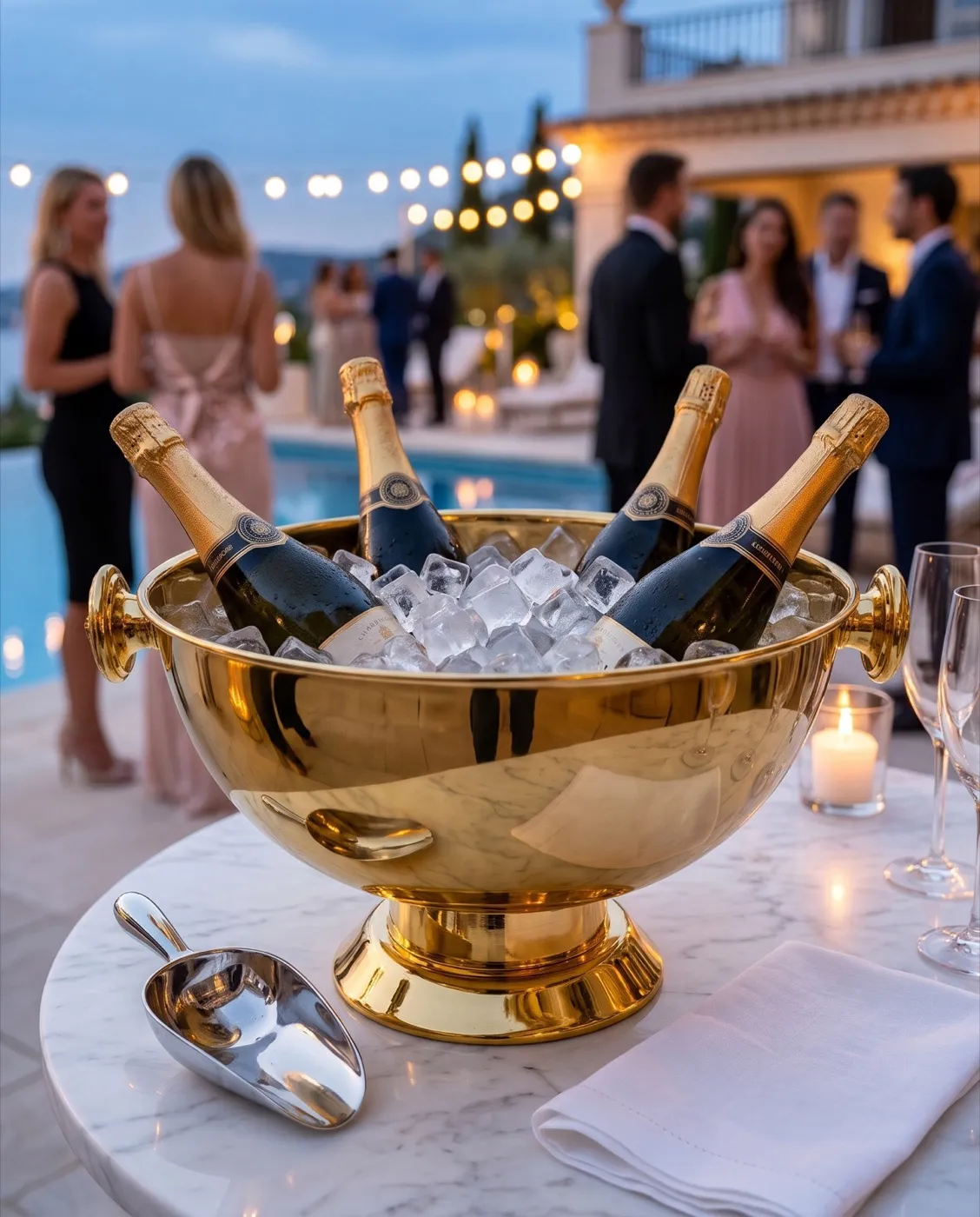 Polished Gold Ice Bucket styled at an event