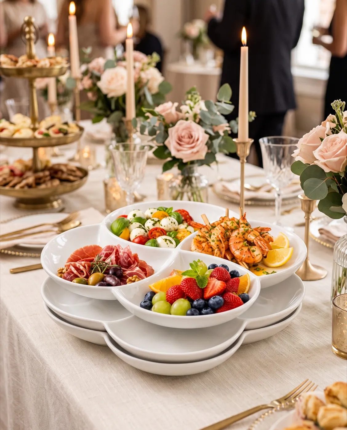 Porcelain Flower Appetizer Platter styled at an event