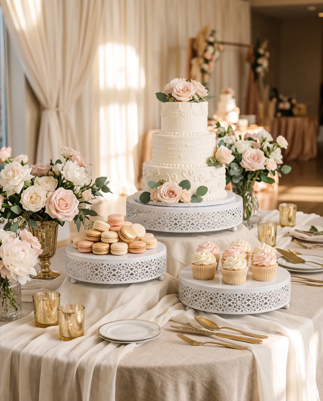 Round Metal Dessert Stands styled at an event