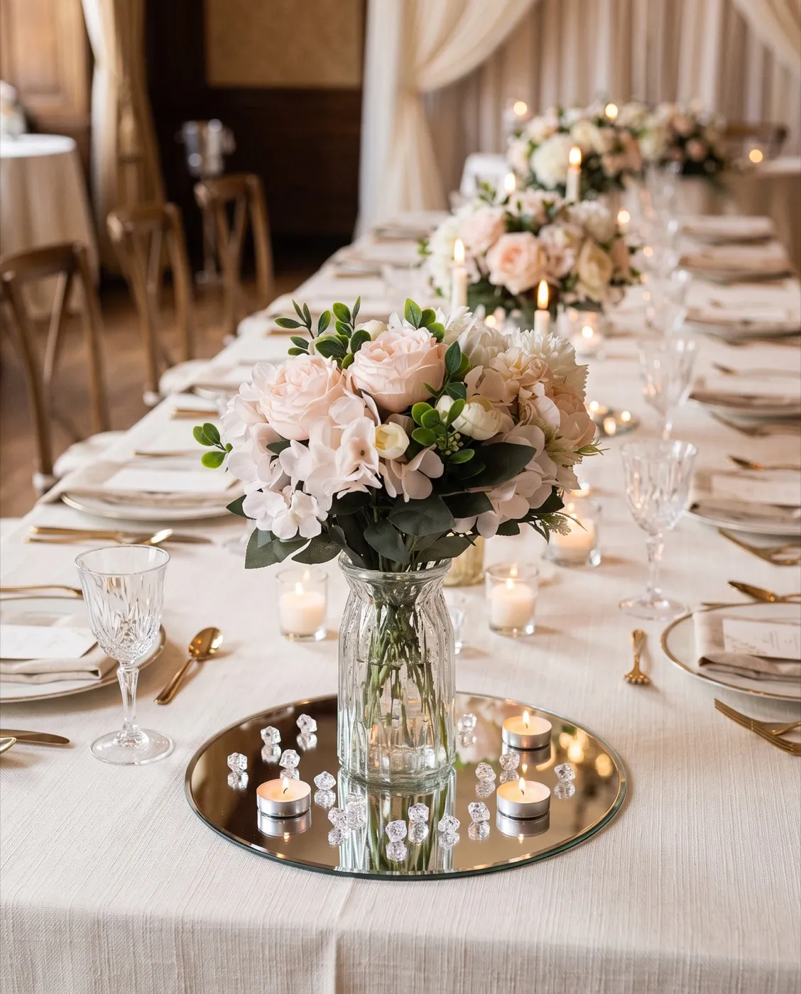 Round Mirror Trays styled at an event