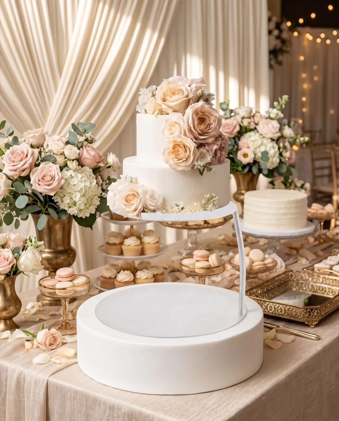 White Floating Cake Stand styled at an event