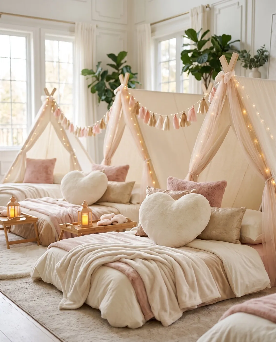 White Heart Throw Pillows styled at an event