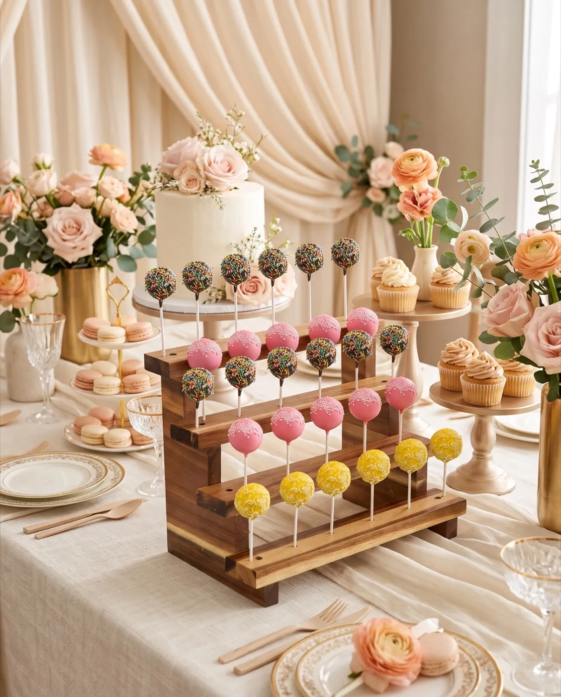 Wooden Cake Pop Stand styled at an event